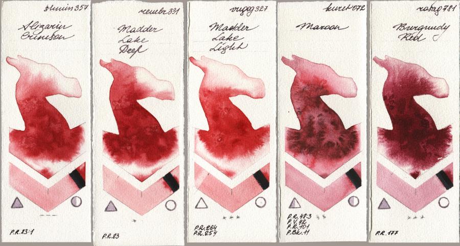 Shminke Horadam Aquarell 357 Alizarin Crimson vs Royal Talens Rembrandt Watercolour 331 Madder Lake Deep vs Royal Talens Van Gogh Watercolour 327 Madder Lake Light vs Kuretake Gansai Tambi 072 Maroon vs Rosa Gallery 781 Burgundy Red watercolor swatch