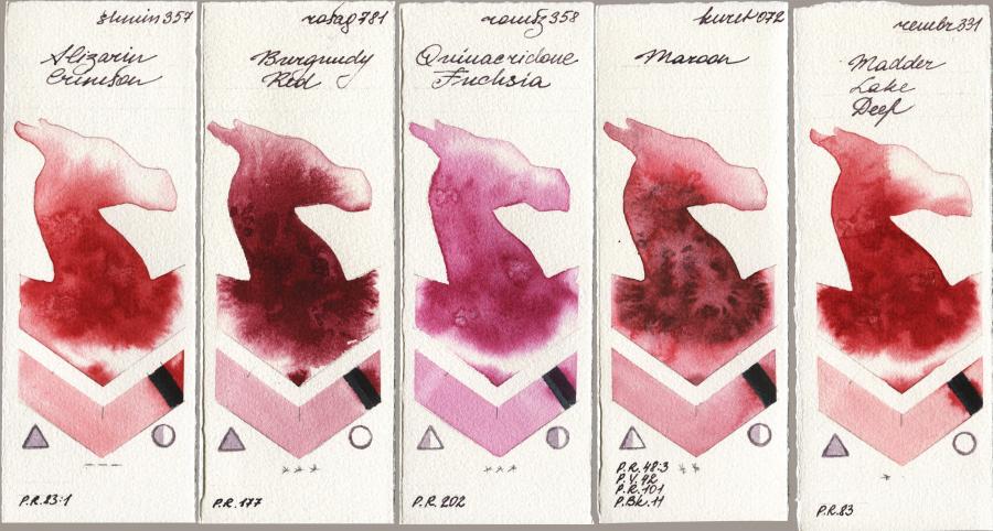 Shminke Horadam Aquarell 357 Alizarin Crimson vs Rosa Gallery 781 Burgundy Red vs Roman Szmal Aquarius 358 Quinacridone Fuchsia vs Kuretake Gansai Tambi 072 Maroon vs Royal Talens Rembrandt Watercolour 331 Madder Lake Deep watercolor swatch