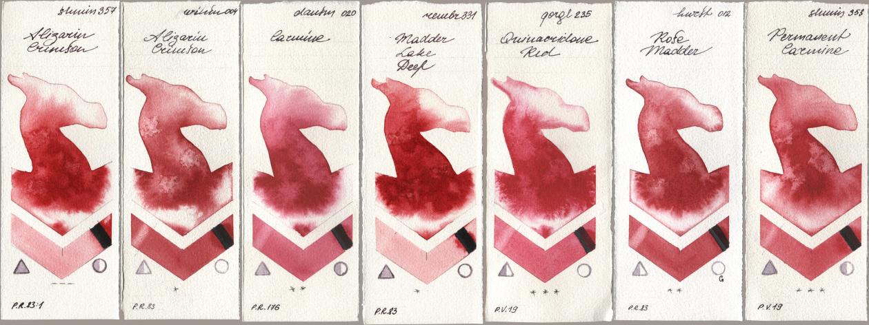 Shminke Horadam Aquarell 357 Alizarin Crimson, Winsor & Newton Professional 004 Alizarin Crimson, Daniel Smith 020 Carmine, Royal Talens Rembrandt Watercolour 331 Madder Lake Deep, Golden QOR 235 Quinacridone Red, Holbein Artists Watercolor 012 Rose Madder, 353 Permanent Carmi watercolor swatch
