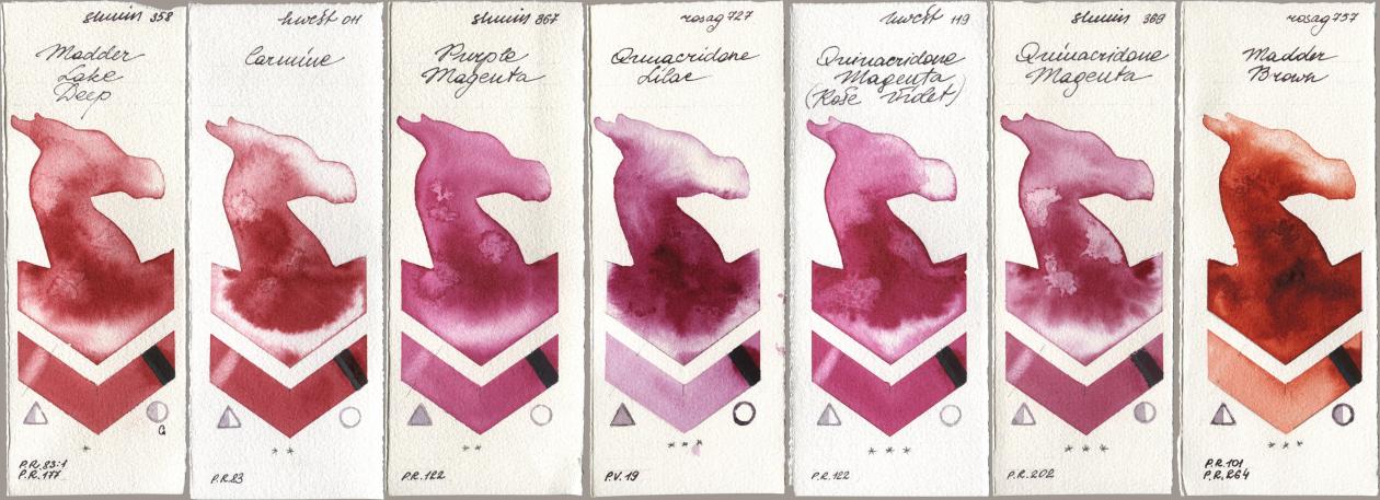 Shminke Horadam Aquarell 358 Madder Lake Deep, Holbein Artists Watercolor 011 Carmine, 367 Purple Magenta, Rosa Gallery 727 Quinacridone Lilac, 119 Quinacridone Magenta (Rose Violet), 369 Quinacridone Magenta, 757 Madder Bro watercolor swatch