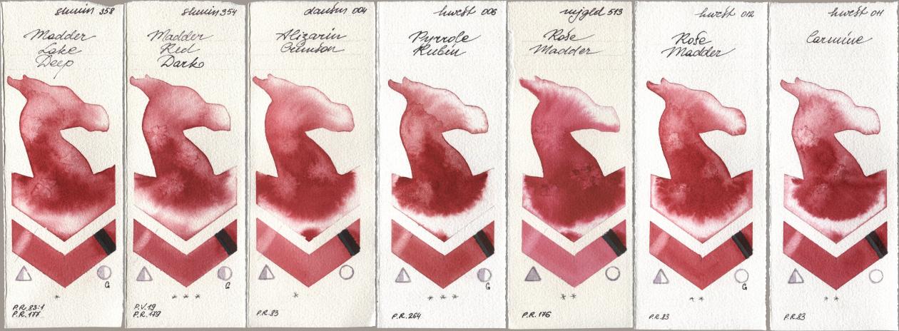 Shminke Horadam Aquarell 358 Madder Lake Deep, 354 Madder Red Dark, Daniel Smith 004 Alizarin Crimson, Holbein Artists Watercolor 006 Pyrrole Rubin, Mijello Mission Gold 513 Rose Madder, 012 Rose Madder, 011 Carmi watercolor swatch