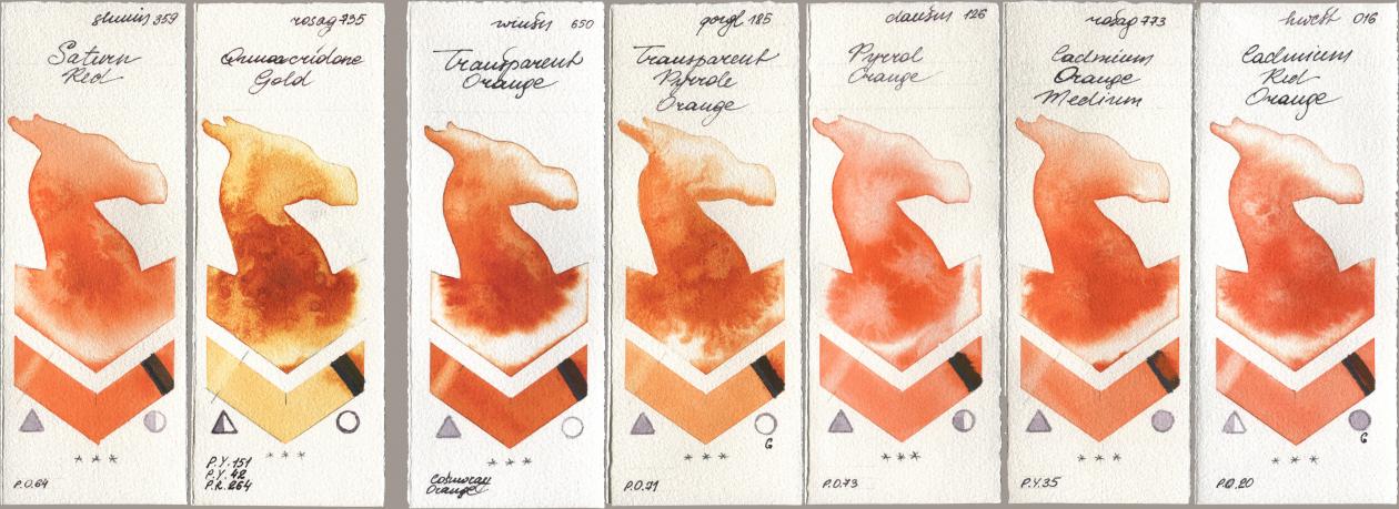 Shminke Horadam Aquarell 359 Saturn Red, Rosa Gallery 735 Quinacridone Gold, Winsor & Newton Professional 650 Transparent Orange, Golden QOR 185 Transparent Pyrrole Orange, Daniel Smith 126 Pyrrol Orange, 773 Cadmium Orange Medium, Holbein Artists Watercolor 016 Cadmium Red Oran watercolor swatch
