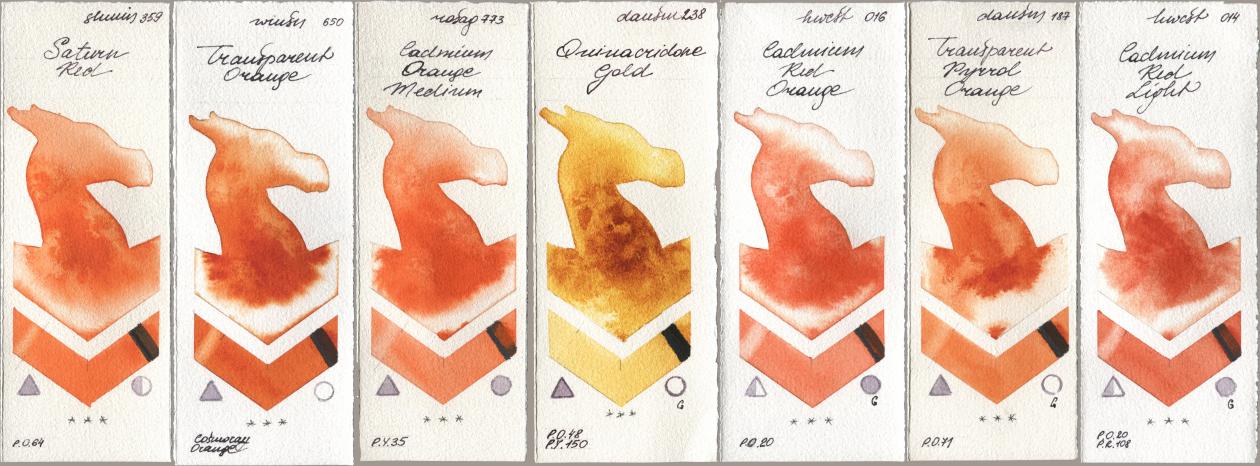 Shminke Horadam Aquarell 359 Saturn Red, Winsor & Newton Professional 650 Transparent Orange, Rosa Gallery 773 Cadmium Orange Medium, Daniel Smith 238 Quinacridone Gold, Holbein Artists Watercolor 016 Cadmium Red Orange, 187 Transparent Pyrrol Orange, 014 Cadmium Red Lig watercolor swatch