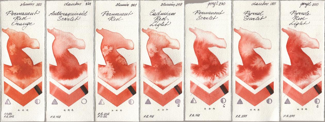 Shminke Horadam Aquarell 360 Permanent Red Orange, Daniel Smith 224 Anthraquinoid Scarlet, 361 Permanent Red, 349 Cadmium Red Light, Golden QOR 230 Permanent Scarlet, 085 Pyrrol Scarlet, 200 Pyrrole Red Lig watercolor swatch