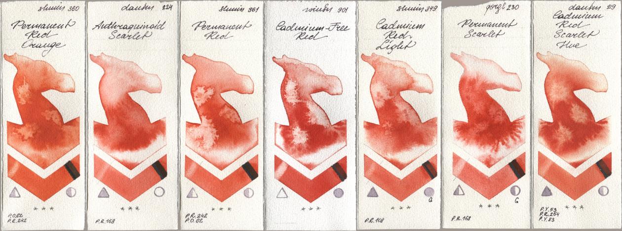Shminke Horadam Aquarell 360 Permanent Red Orange, Daniel Smith 224 Anthraquinoid Scarlet, 361 Permanent Red, Winsor & Newton Professional 901 Cadmium-Free Red, 349 Cadmium Red Light, Golden QOR 230 Permanent Scarlet, 219 Cadmium Red Scarlet H watercolor swatch