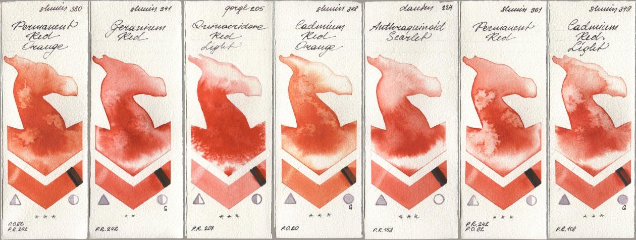 Shminke Horadam Aquarell 360 Permanent Red Orange, 341 Geranium Red, Golden QOR 205 Quinacridone Red Light, 348 Cadmium Red Orange, Daniel Smith 224 Anthraquinoid Scarlet, 361 Permanent Red, 349 Cadmium Red Lig watercolor swatch