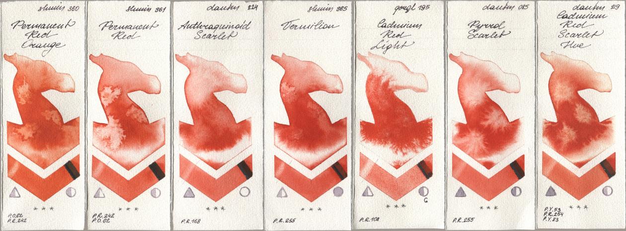 Shminke Horadam Aquarell 360 Permanent Red Orange, 361 Permanent Red, Daniel Smith 224 Anthraquinoid Scarlet, 365 Vermilion, Golden QOR 195 Cadmium Red Light, 085 Pyrrol Scarlet, 219 Cadmium Red Scarlet H watercolor swatch