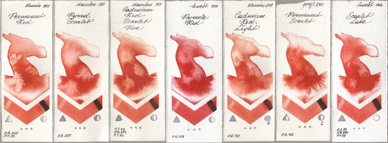 Shminke Horadam Aquarell 361 Permanent Red, Daniel Smith 085 Pyrrol Scarlet, 219 Cadmium Red Scarlet Hue, Holbein Artists Watercolor 007 Pyrrole Red, 349 Cadmium Red Light, Golden QOR 230 Permanent Scarlet, 022 Scarlet La watercolor swatch