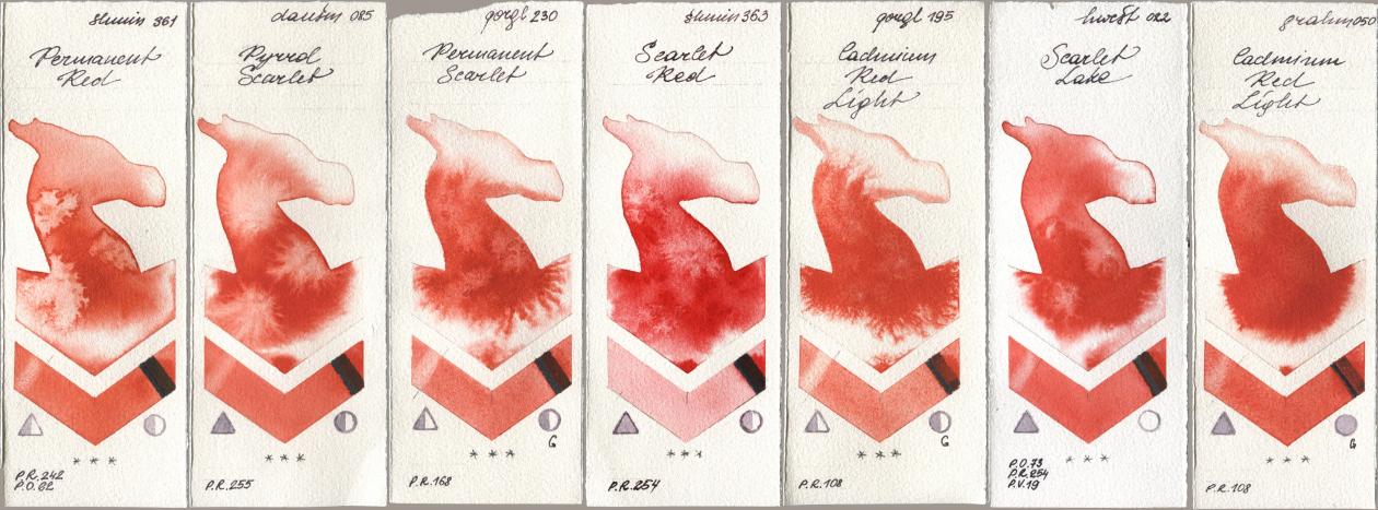 Shminke Horadam Aquarell 361 Permanent Red, Daniel Smith 085 Pyrrol Scarlet, Golden QOR 230 Permanent Scarlet, 363 Scarlet Red, 195 Cadmium Red Light, Holbein Artists Watercolor 022 Scarlet Lake, M. Graham & Co. Artists 050 Cadmium Red Lig watercolor swatch