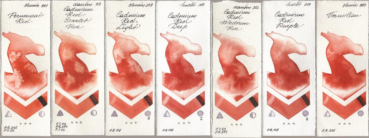 Shminke Horadam Aquarell 361 Permanent Red, Daniel Smith 219 Cadmium Red Scarlet Hue, 349 Cadmium Red Light, Holbein Artists Watercolor 015 Cadmium Red Deep, 222 Cadmium Red Medium Hue, 017 Cadmium Red Purple, 365 Vermili watercolor swatch