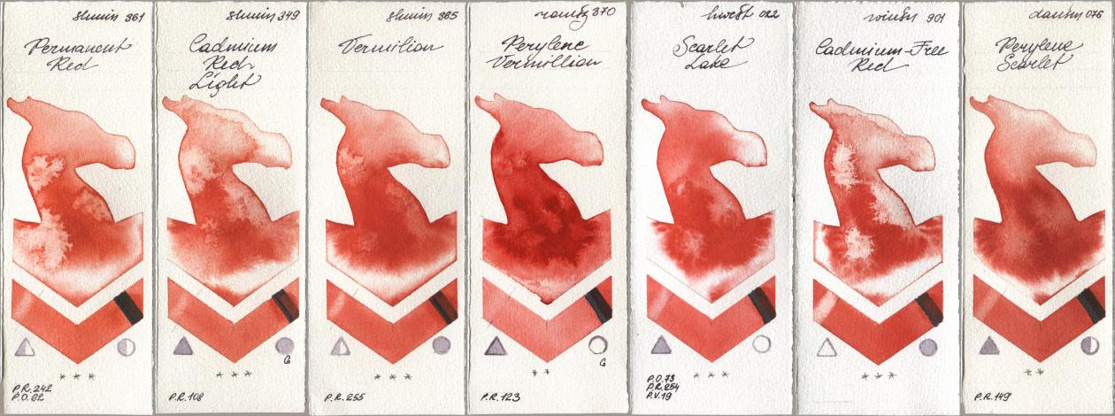 Shminke Horadam Aquarell 361 Permanent Red, 349 Cadmium Red Light, 365 Vermilion, Roman Szmal Aquarius 370 Perylene Vermillion, Holbein Artists Watercolor 022 Scarlet Lake, Winsor & Newton Professional 901 Cadmium-Free Red, Daniel Smith 076 Perylene Scarl watercolor swatch