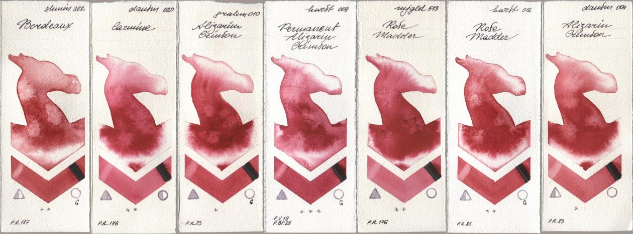 Shminke Horadam Aquarell 362 Bordeaux, Daniel Smith 020 Carmine, M. Graham & Co. Artists 010 Alizarin Crimson, Holbein Artists Watercolor 009 Permanent Alizarin Crimson, Mijello Mission Gold 513 Rose Madder, 012 Rose Madder, 004 Alizarin Crims watercolor swatch