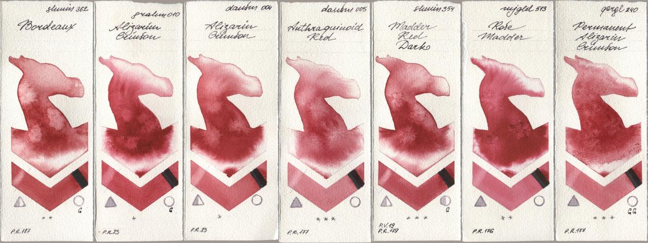 Shminke Horadam Aquarell 362 Bordeaux, M. Graham & Co. Artists 010 Alizarin Crimson, Daniel Smith 004 Alizarin Crimson, 005 Anthraquinoid Red, 354 Madder Red Dark, Mijello Mission Gold 513 Rose Madder, Golden QOR 240 Permanent Alizarin Crims watercolor swatch