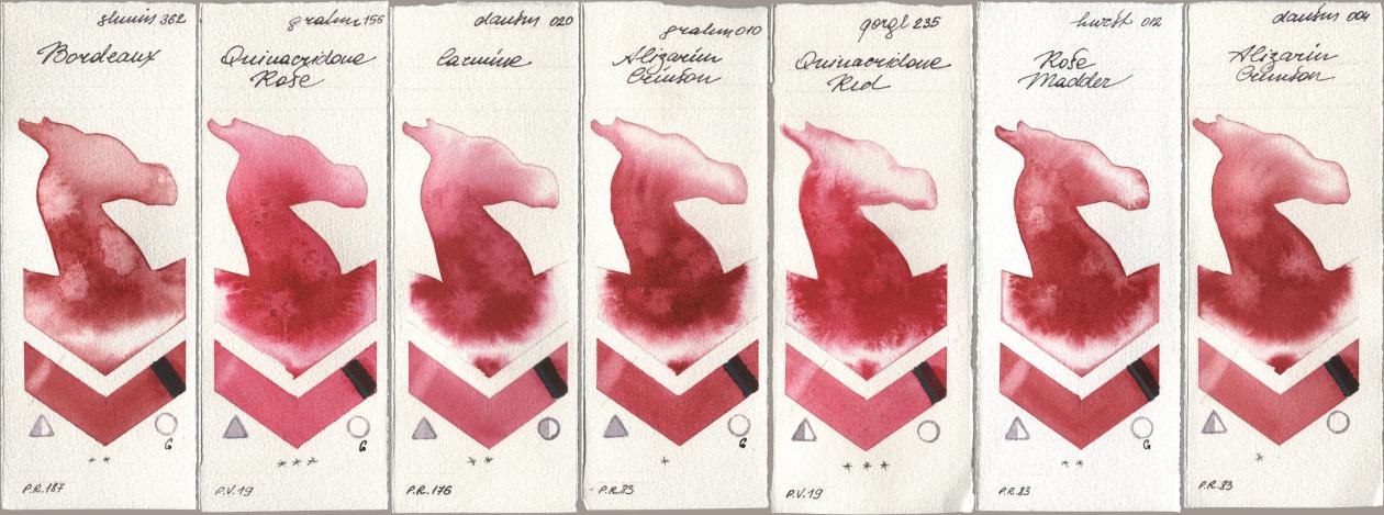 Shminke Horadam Aquarell 362 Bordeaux, M. Graham & Co. Artists 156 Quinacridone Rose, Daniel Smith 020 Carmine, 010 Alizarin Crimson, Golden QOR 235 Quinacridone Red, Holbein Artists Watercolor 012 Rose Madder, 004 Alizarin Crims watercolor swatch