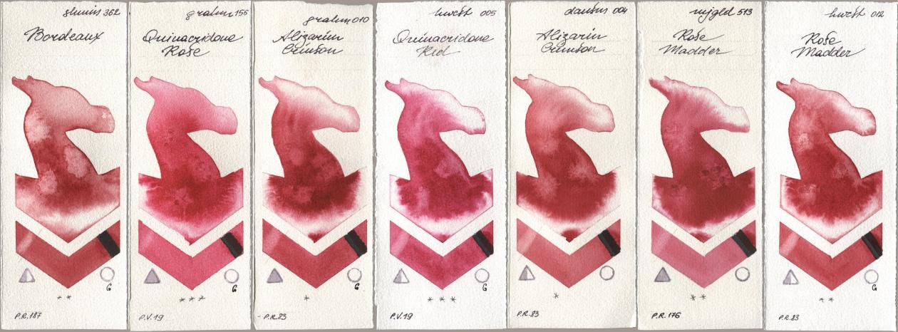 Shminke Horadam Aquarell 362 Bordeaux, M. Graham & Co. Artists 156 Quinacridone Rose, 010 Alizarin Crimson, Holbein Artists Watercolor 005 Quinacridone Red, Daniel Smith 004 Alizarin Crimson, Mijello Mission Gold 513 Rose Madder, 012 Rose Madd watercolor swatch