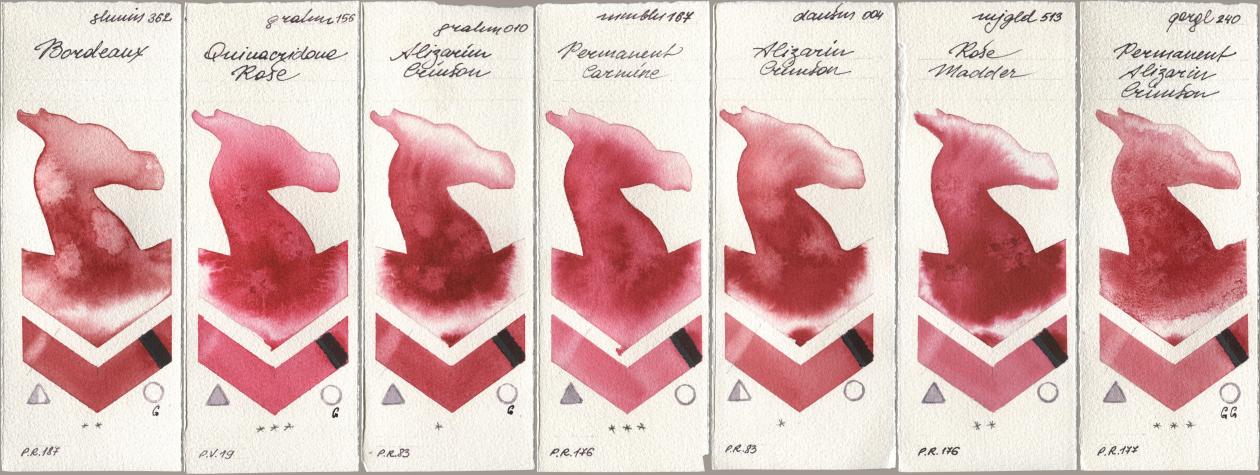 Shminke Horadam Aquarell 362 Bordeaux, M. Graham & Co. Artists 156 Quinacridone Rose, 010 Alizarin Crimson, Maimeri Blu 167 Permanent Carmine, Daniel Smith 004 Alizarin Crimson, Mijello Mission Gold 513 Rose Madder, Golden QOR 240 Permanent Alizarin Crims watercolor swatch