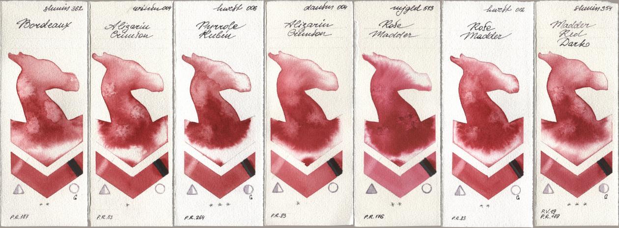 Shminke Horadam Aquarell 362 Bordeaux, Winsor & Newton Professional 004 Alizarin Crimson, Holbein Artists Watercolor 006 Pyrrole Rubin, Daniel Smith 004 Alizarin Crimson, Mijello Mission Gold 513 Rose Madder, 012 Rose Madder, 354 Madder Red Da watercolor swatch