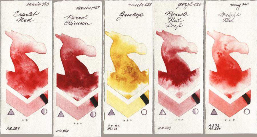 Shminke Horadam Aquarell 363 Scarlet Red vs Daniel Smith 127 Pyrrol Crimson vs Royal Talens Rembrandt Watercolour 238 Gamboge vs Golden QOR 225 Pyrrole Red Deep vs Rosa Gallery 740 Bright Red watercolor swatch