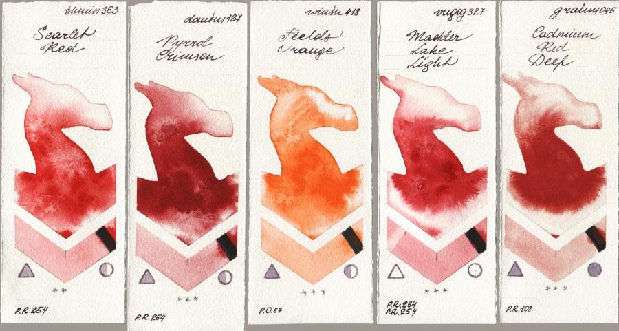 Shminke Horadam Aquarell 363 Scarlet Red vs Daniel Smith 127 Pyrrol Crimson vs Winsor & Newton Professional 418 Fields Orange vs Royal Talens Van Gogh Watercolour 327 Madder Lake Light vs M. Graham & Co. Artists 045 Cadmium Red Deep watercolor swatch