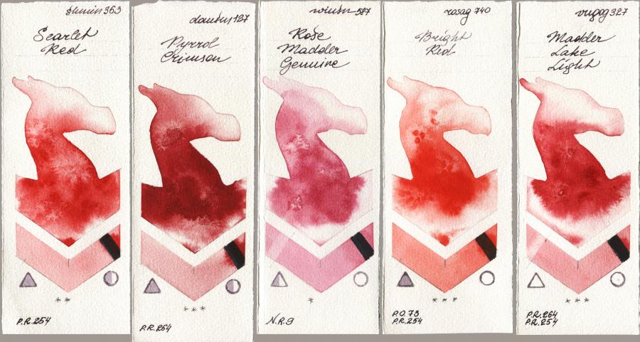 Shminke Horadam Aquarell 363 Scarlet Red vs Daniel Smith 127 Pyrrol Crimson vs Winsor & Newton Professional 587 Rose Madder Genuine vs Rosa Gallery 740 Bright Red vs Royal Talens Van Gogh Watercolour 327 Madder Lake Light watercolor swatch