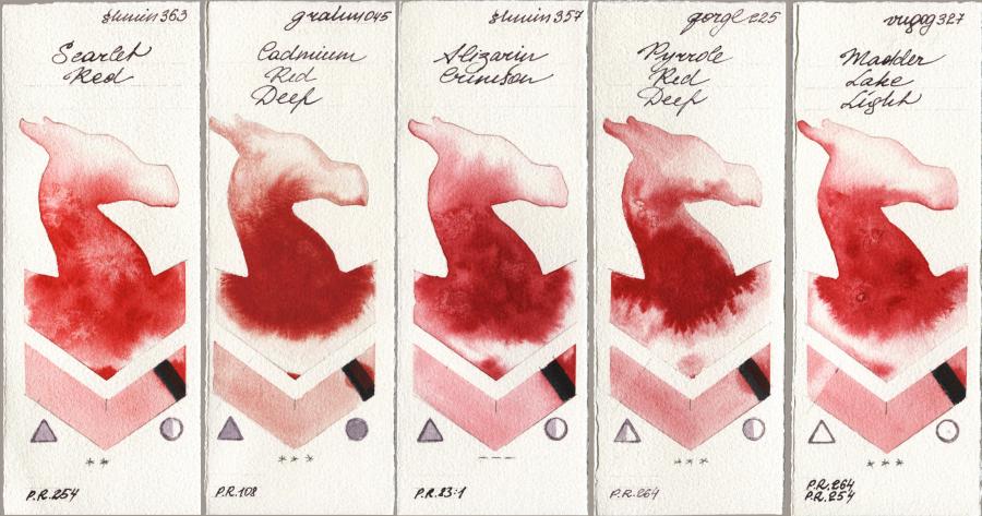 Shminke Horadam Aquarell 363 Scarlet Red vs M. Graham & Co. Artists 045 Cadmium Red Deep vs 357 Alizarin Crimson vs Golden QOR 225 Pyrrole Red Deep vs Royal Talens Van Gogh Watercolour 327 Madder Lake Light watercolor swatch