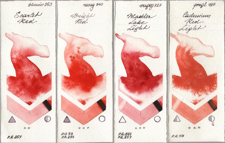 Shminke Horadam Aquarell 363 Scarlet Red, Rosa Gallery 740 Bright Red, Royal Talens Van Gogh Watercolour 327 Madder Lake Light, Golden QOR 195 Cadmium Red Lig watercolor swatch