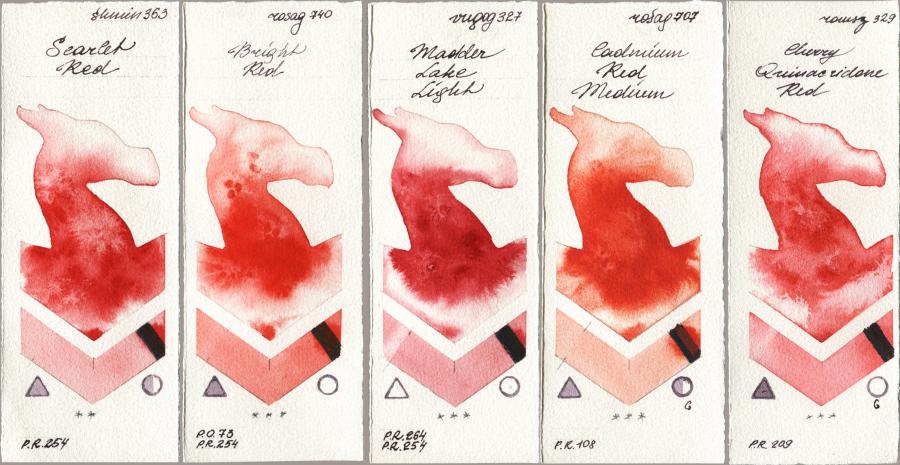 Shminke Horadam Aquarell 363 Scarlet Red, Rosa Gallery 740 Bright Red, Royal Talens Van Gogh Watercolour 327 Madder Lake Light, 707 Cadmium Red Medium, Roman Szmal Aquarius 329 Cherry Quinacridone R watercolor swatch