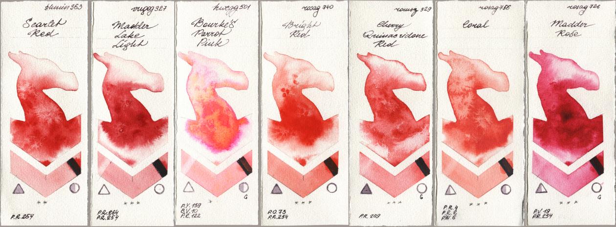 Shminke Horadam Aquarell 363 Scarlet Red, Royal Talens Van Gogh Watercolour 327 Madder Lake Light, Holbein Artists Watercolor 501 Bourkes Parrot Pink, Rosa Gallery 740 Bright Red, Roman Szmal Aquarius 329 Cherry Quinacridone Red, 756 Coral, 726 Madder Ro watercolor swatch