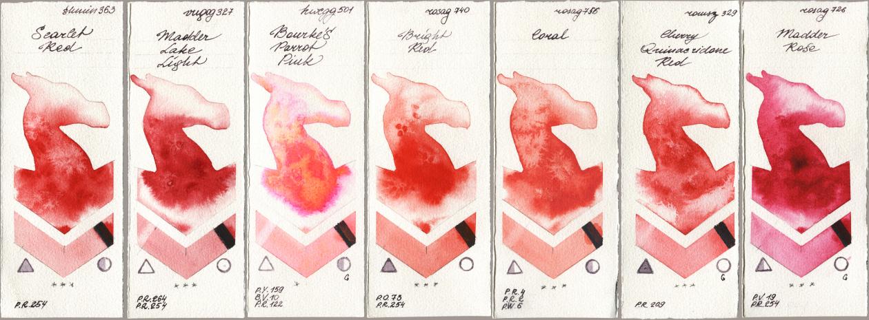 Shminke Horadam Aquarell 363 Scarlet Red, Royal Talens Van Gogh Watercolour 327 Madder Lake Light, Holbein Artists Watercolor 501 Bourkes Parrot Pink, Rosa Gallery 740 Bright Red, 756 Coral, Roman Szmal Aquarius 329 Cherry Quinacridone Red, 726 Madder Ro watercolor swatch