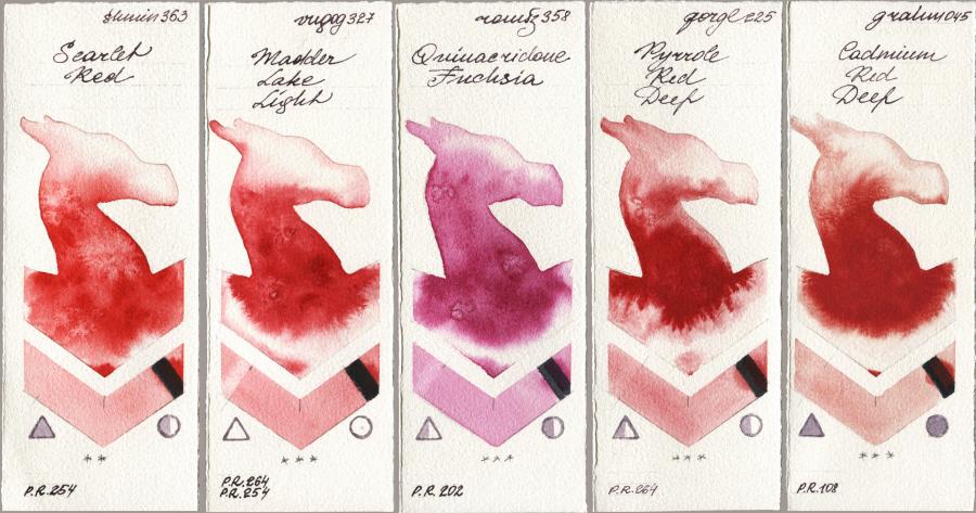 Shminke Horadam Aquarell 363 Scarlet Red vs Royal Talens Van Gogh Watercolour 327 Madder Lake Light vs Roman Szmal Aquarius 358 Quinacridone Fuchsia vs Golden QOR 225 Pyrrole Red Deep vs M. Graham & Co. Artists 045 Cadmium Red Deep watercolor swatch
