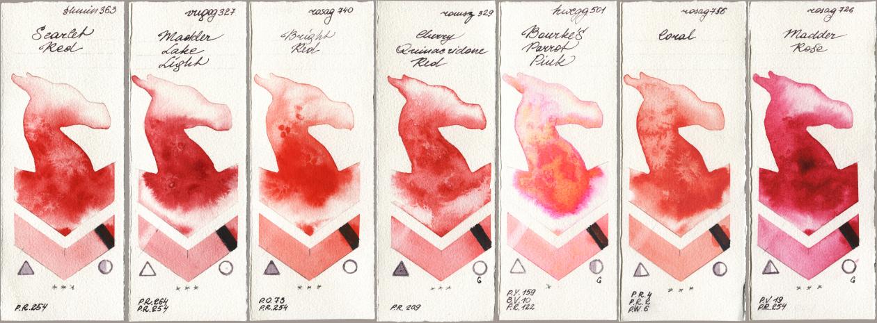 Shminke Horadam Aquarell 363 Scarlet Red, Royal Talens Van Gogh Watercolour 327 Madder Lake Light, Rosa Gallery 740 Bright Red, Roman Szmal Aquarius 329 Cherry Quinacridone Red, Holbein Artists Watercolor 501 Bourkes Parrot Pink, 756 Coral, 726 Madder Ro watercolor swatch