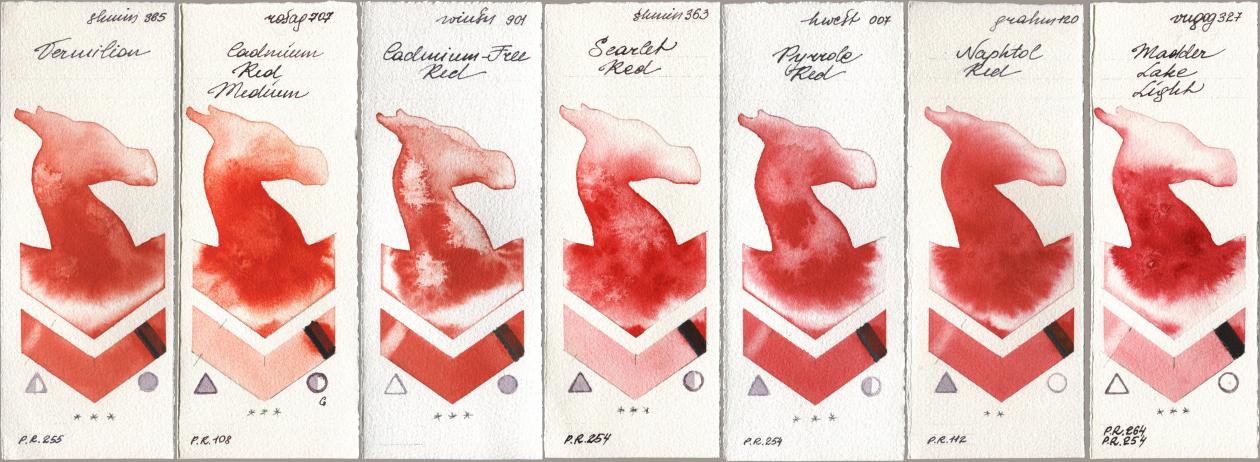 Shminke Horadam Aquarell 365 Vermilion, Rosa Gallery 707 Cadmium Red Medium, Winsor & Newton Professional 901 Cadmium-Free Red, 363 Scarlet Red, Holbein Artists Watercolor 007 Pyrrole Red, M. Graham & Co. Artists 120 Naphthol Red, Royal Talens Van Gogh Watercolour 327 Madder Lake Lig watercolor swatch