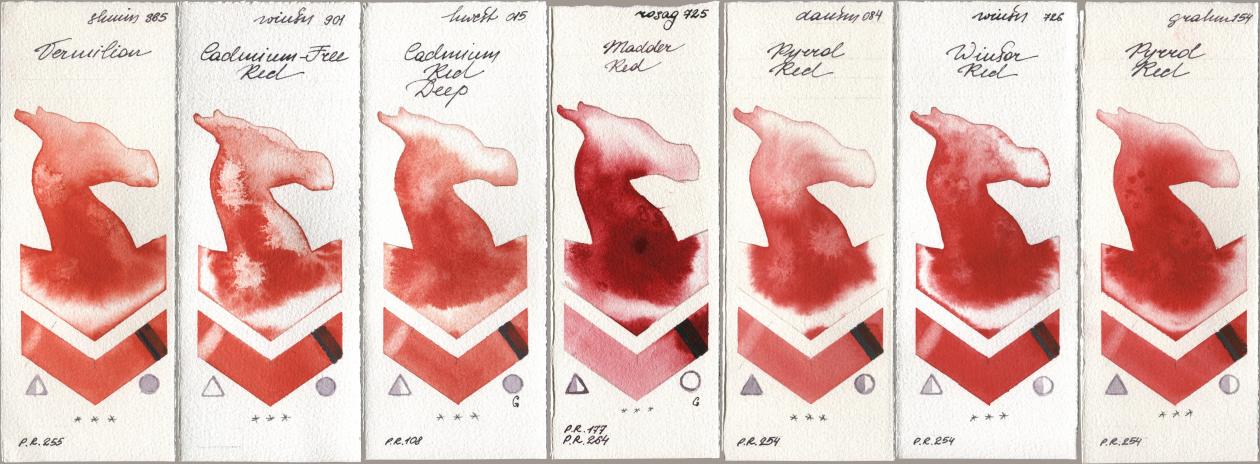Shminke Horadam Aquarell 365 Vermilion, Winsor & Newton Professional 901 Cadmium-Free Red, Holbein Artists Watercolor 015 Cadmium Red Deep, Rosa Gallery 725 Madder Red, Daniel Smith 084 Pyrrol Red, 726 Winsor Red, M. Graham & Co. Artists 154 Pyrrol R watercolor swatch