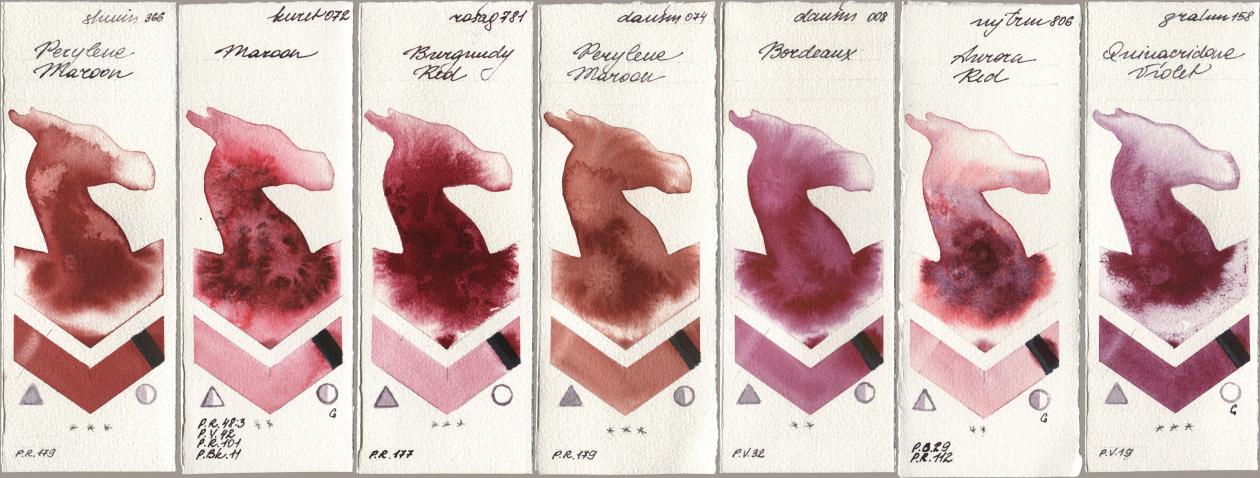 Shminke Horadam Aquarell 366 Perylene Maroon, Kuretake Gansai Tambi 072 Maroon, Rosa Gallery 781 Burgundy Red, Daniel Smith 074 Perylene Maroon, 008 Bordeaux, Mijello Mission Gold 806 Aurora Red, M. Graham & Co. Artists 158 Quinacridone Viol watercolor swatch