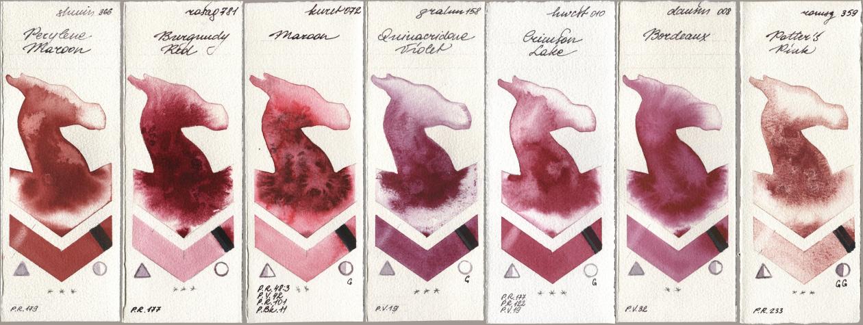 Shminke Horadam Aquarell 366 Perylene Maroon, Rosa Gallery 781 Burgundy Red, Kuretake Gansai Tambi 072 Maroon, M. Graham & Co. Artists 158 Quinacridone Violet, Holbein Artists Watercolor 010 Crimson Lake, Daniel Smith 008 Bordeaux, Roman Szmal Aquarius 359 Potters Pi watercolor swatch