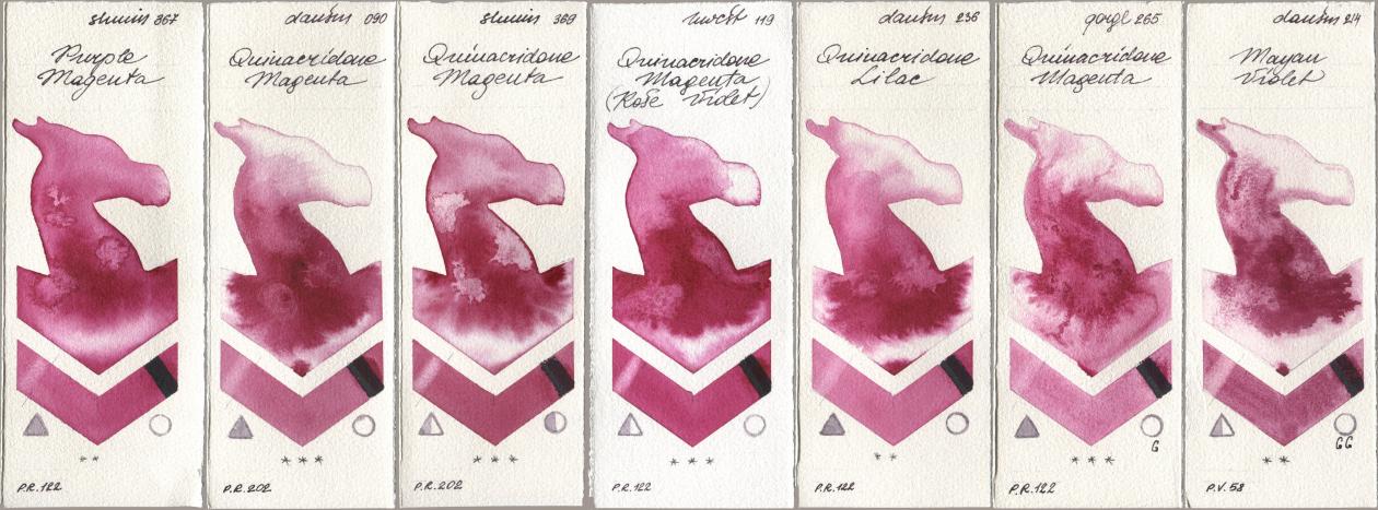 Shminke Horadam Aquarell 367 Purple Magenta, Daniel Smith 090 Quinacridone Magenta, 369 Quinacridone Magenta, Holbein Artists Watercolor 119 Quinacridone Magenta (Rose Violet), 236 Quinacridone Lilac, Golden QOR 265 Quinacridone Magenta, 214 Mayan Viol watercolor swatch