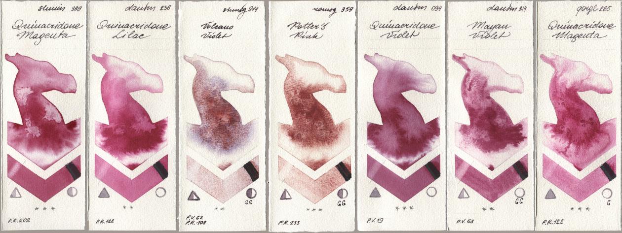 Shminke Horadam Aquarell 369 Quinacridone Magenta, Daniel Smith 236 Quinacridone Lilac, 914 Volcano Violet, Roman Szmal Aquarius 359 Potters Pink, 094 Quinacridone Violet, 214 Mayan Violet, Golden QOR 265 Quinacridone Magen watercolor swatch