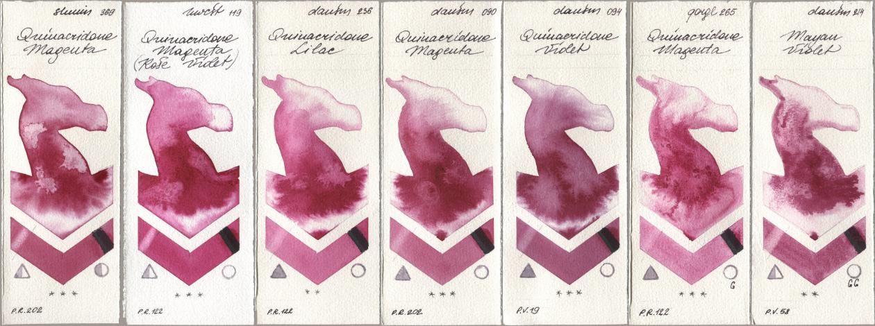Shminke Horadam Aquarell 369 Quinacridone Magenta, Holbein Artists Watercolor 119 Quinacridone Magenta (Rose Violet), Daniel Smith 236 Quinacridone Lilac, 090 Quinacridone Magenta, 094 Quinacridone Violet, Golden QOR 265 Quinacridone Magenta, 214 Mayan Viol watercolor swatch