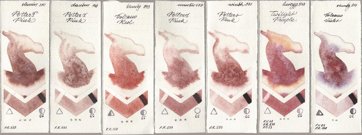 Shminke Horadam Aquarell 370 Potters Pink, Daniel Smith 148 Potters Pink, 913 Volcano Red, Maimeri Blu 479 Potters Pink, Winsor & Newton Professional 537 Potters Pink, Holbein Artists Watercolor 543 Twilight Purple, 914 Volcano Viol watercolor swatch