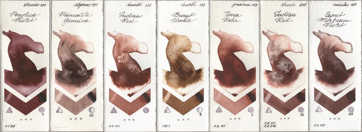 Shminke Horadam Aquarell 371 Perylene Violet, Daniel Smith 191 Piemontite Genuine, Holbein Artists Watercolor 135 Indian Red, 133 Burnt Umber, M. Graham & Co. Artists 179 Terra Rosa, 645 Indian Red, Winsor & Newton Professional 125 Caput Mortuum Viol watercolor swatch