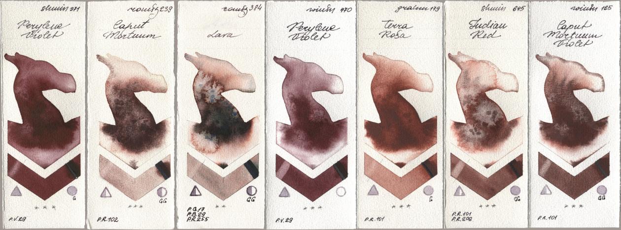 Shminke Horadam Aquarell 371 Perylene Violet, Roman Szmal Aquarius 239 Caput Mortuum, 384 Lava, Winsor & Newton Professional 470 Perylene Violet, M. Graham & Co. Artists 179 Terra Rosa, 645 Indian Red, 125 Caput Mortuum Viol watercolor swatch
