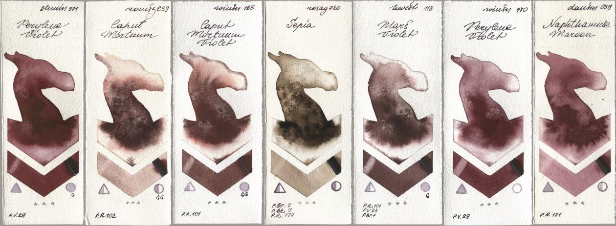 Shminke Horadam Aquarell 371 Perylene Violet, Roman Szmal Aquarius 239 Caput Mortuum, Winsor & Newton Professional 125 Caput Mortuum Violet, Rosa Gallery 720 Sepia, Holbein Artists Watercolor 113 Mars Violet, 470 Perylene Violet, Daniel Smith 059 Naphthamide Maro watercolor swatch
