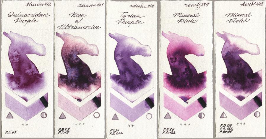 Shminke Horadam Aquarell 472 Quinacridone Purple vs Daniel Smith 101 Rose of Ultramarine vs Winsor & Newton Professional 419 Tyrian Purple vs Roman Szmal Aquarius 379 Mineral Pink vs Holbein Artists Watercolor 112 Mineral Violet watercolor swatch