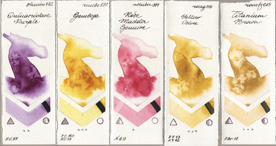 Shminke Horadam Aquarell 472 Quinacridone Purple vs Royal Talens Rembrandt Watercolour 238 Gamboge vs Winsor & Newton Professional 587 Rose Madder Genuine vs Rosa Gallery 719 Yellow Ochre vs Roman Szmal Aquarius 265 Titanium Brown watercolor swatch