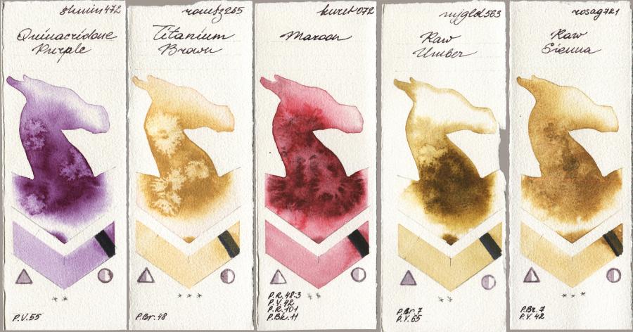 Shminke Horadam Aquarell 472 Quinacridone Purple vs Roman Szmal Aquarius 265 Titanium Brown vs Kuretake Gansai Tambi 072 Maroon vs Mijello Mission Gold 563 Raw Umber vs Rosa Gallery 721 Raw Sienna watercolor swatch