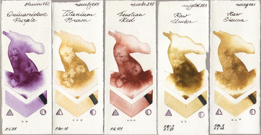 Shminke Horadam Aquarell 472 Quinacridone Purple vs Roman Szmal Aquarius 265 Titanium Brown vs Royal Talens Rembrandt Watercolour 349 Venerian Red vs Mijello Mission Gold 563 Raw Umber vs Rosa Gallery 721 Raw Sienna watercolor swatch