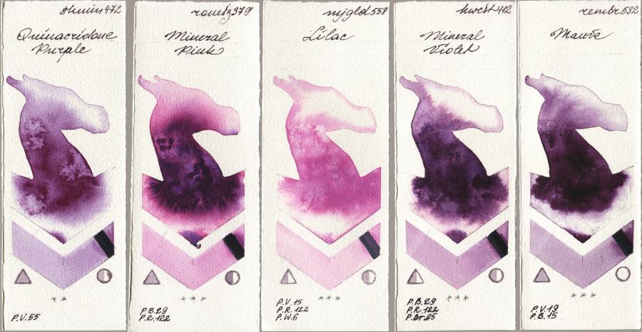 Shminke Horadam Aquarell 472 Quinacridone Purple vs Roman Szmal Aquarius 379 Mineral Pink vs Mijello Mission Gold 558 Lilac vs Holbein Artists Watercolor 112 Mineral Violet vs Royal Talens Rembrandt Watercolour 532 Mauve watercolor swatch