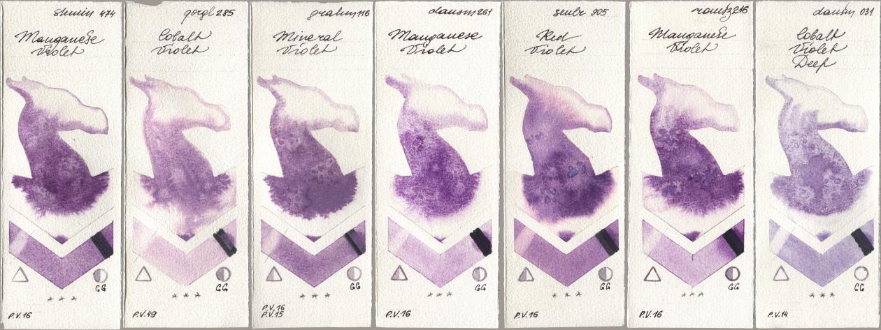 Shminke Horadam Aquarell 474 Manganese Violet, Golden QOR 285 Cobalt Violet, M. Graham & Co. Artists 116 Mineral Violet, Daniel Smith 261 Manganese Violet, Sennelier l Aquarelle 905 Red Violet, Roman Szmal Aquarius 216 Manganese Violet, 031 Cobalt Violet De watercolor swatch