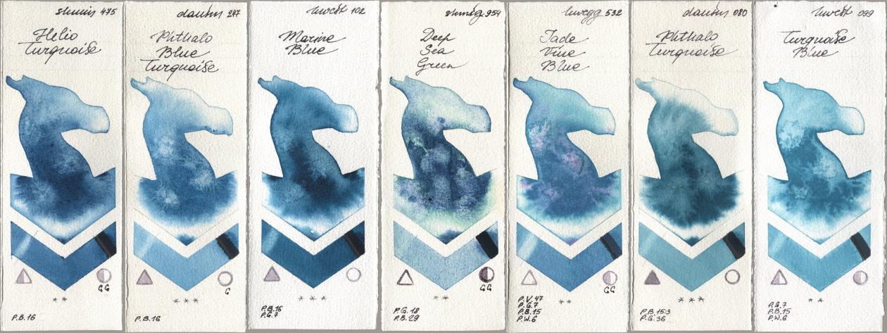 Shminke Horadam Aquarell 475 Helio Turquoise, Daniel Smith 247 Phthalo Blue Turquoise, Holbein Artists Watercolor 102 Marine Blue, 954 Deep Sea Green, 532 Jade Vine Blue, 080 Phthalo Turquoise, 099 Turquoise Bl watercolor swatch