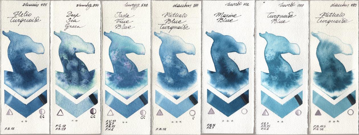 Shminke Horadam Aquarell 475 Helio Turquoise, 954 Deep Sea Green, Holbein Artists Watercolor 532 Jade Vine Blue, Daniel Smith 247 Phthalo Blue Turquoise, 102 Marine Blue, 099 Turquoise Blue, 080 Phthalo Turquoi watercolor swatch